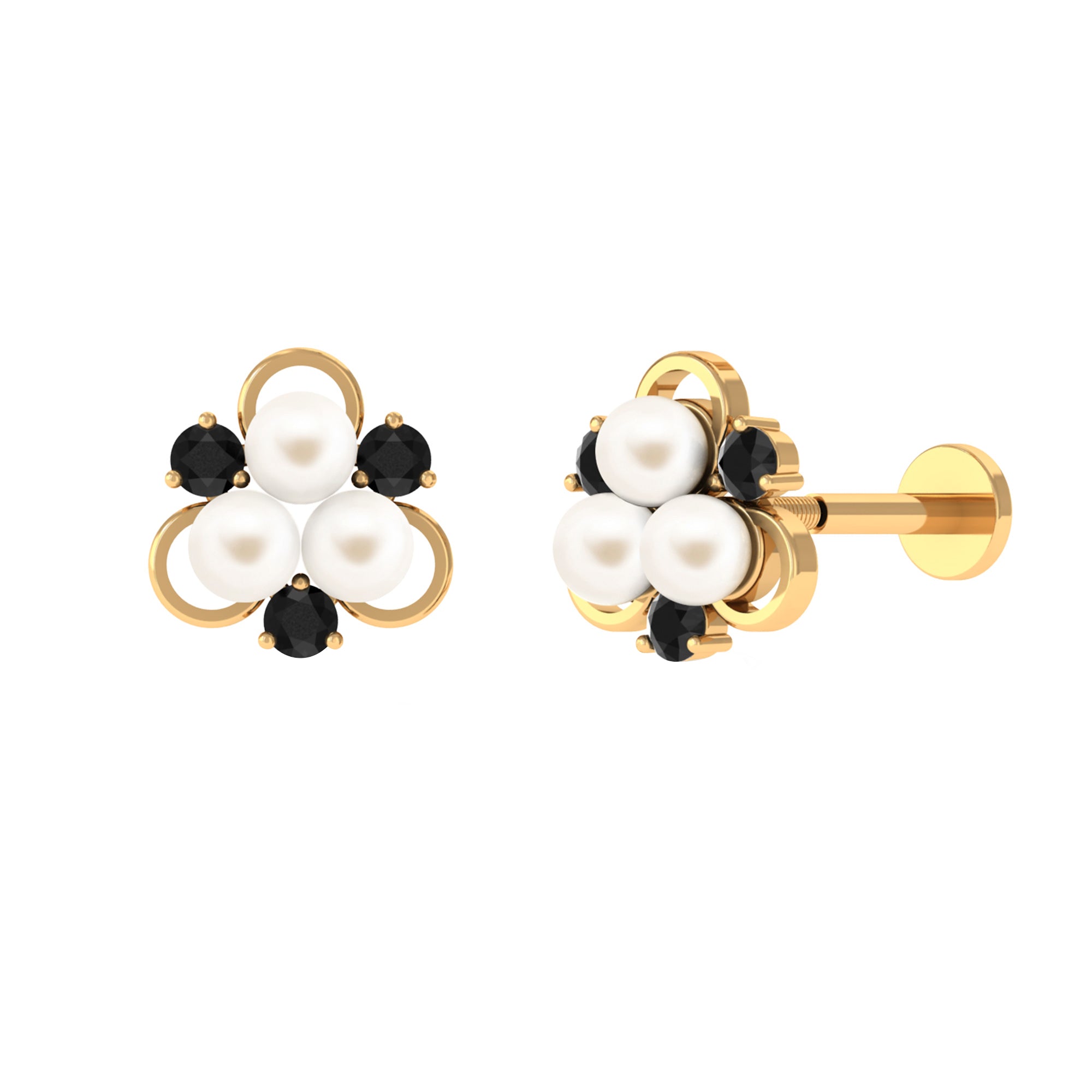 Real Freshwater Pearl Floral Helix Earring with Black Onyx Freshwater Pearl - ( AAA ) - Quality - Arisha Jewels