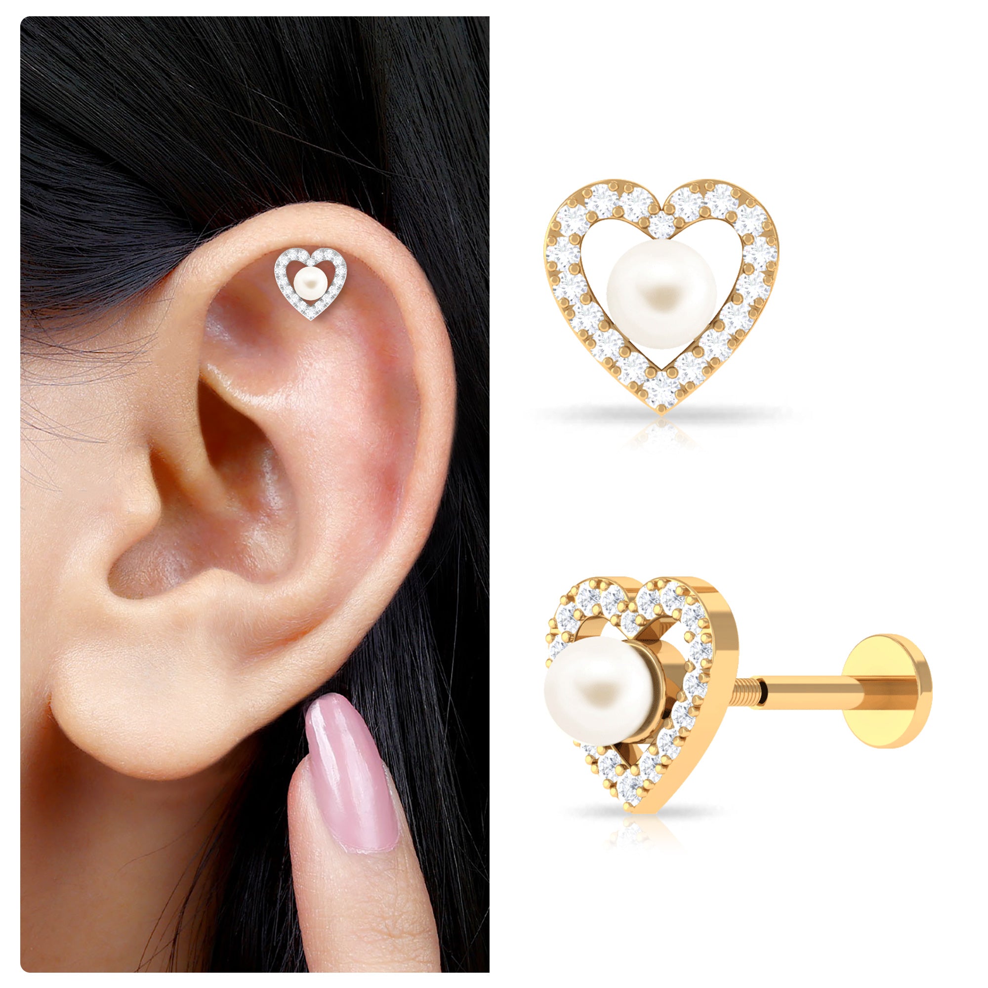 Freshwater Pearl Heart Helix Earring with Diamond Freshwater Pearl - ( AAA ) - Quality - Arisha Jewels