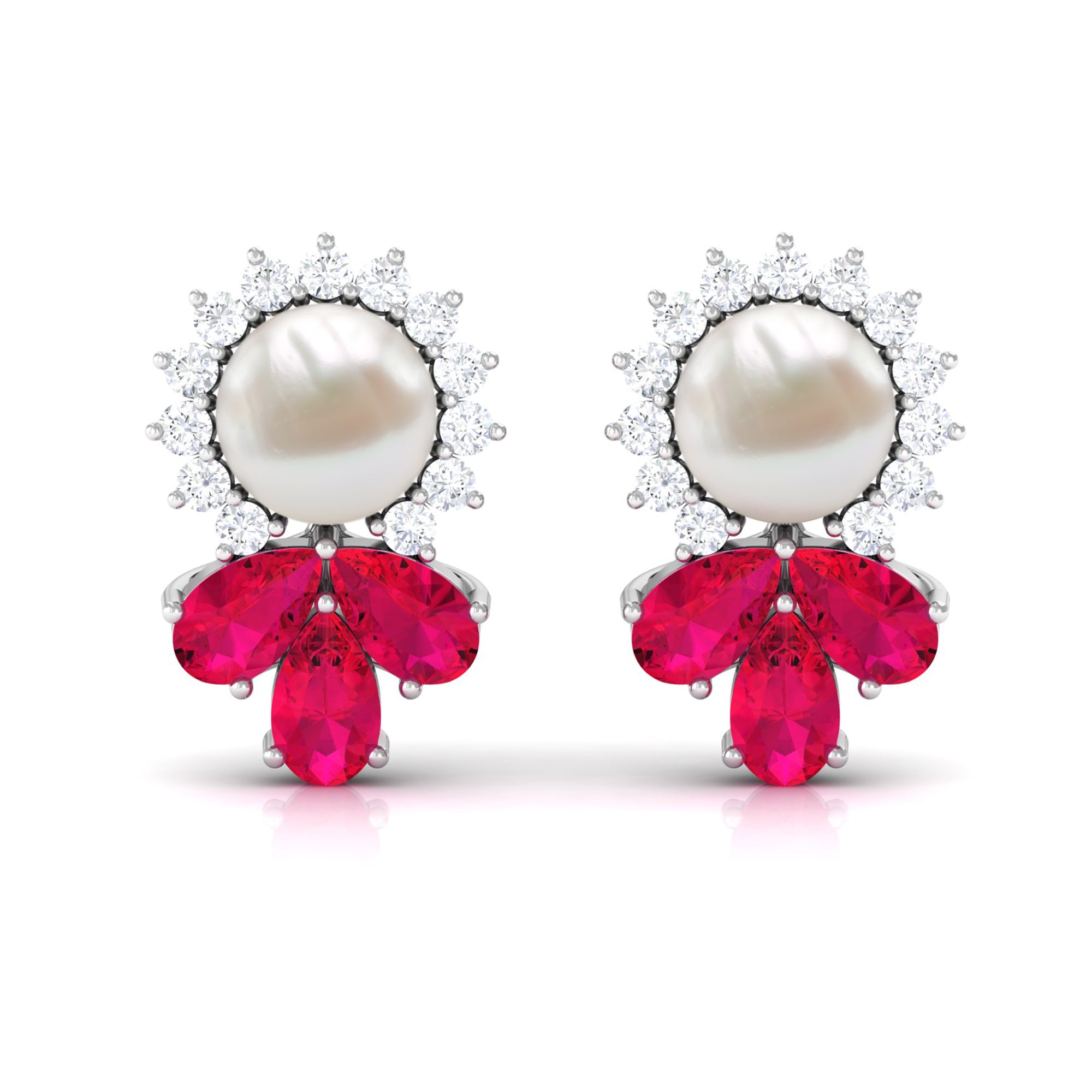 Arisha Jewels-Freshwater White Pearl Cocktail Stud Earrings with Ruby