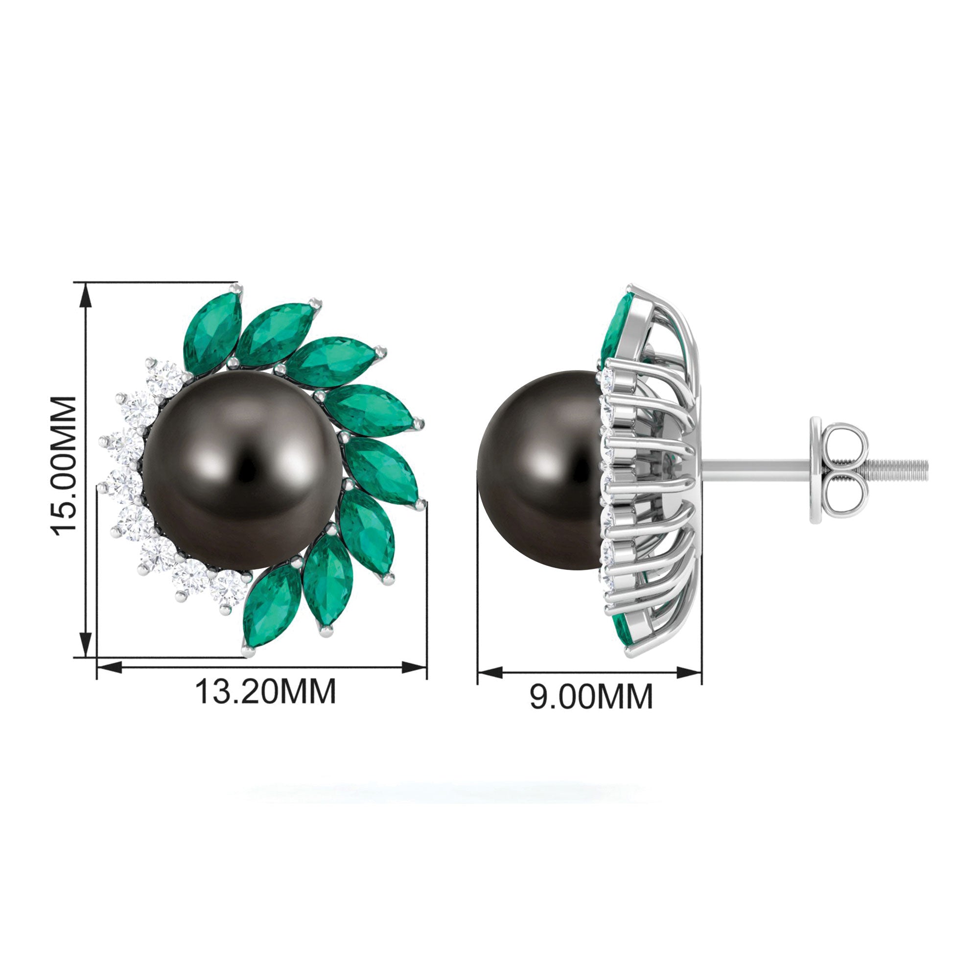 Arisha Jewels-Natural Certified Black Pearl Halo Stud Earrings with Emerald and Moissanite