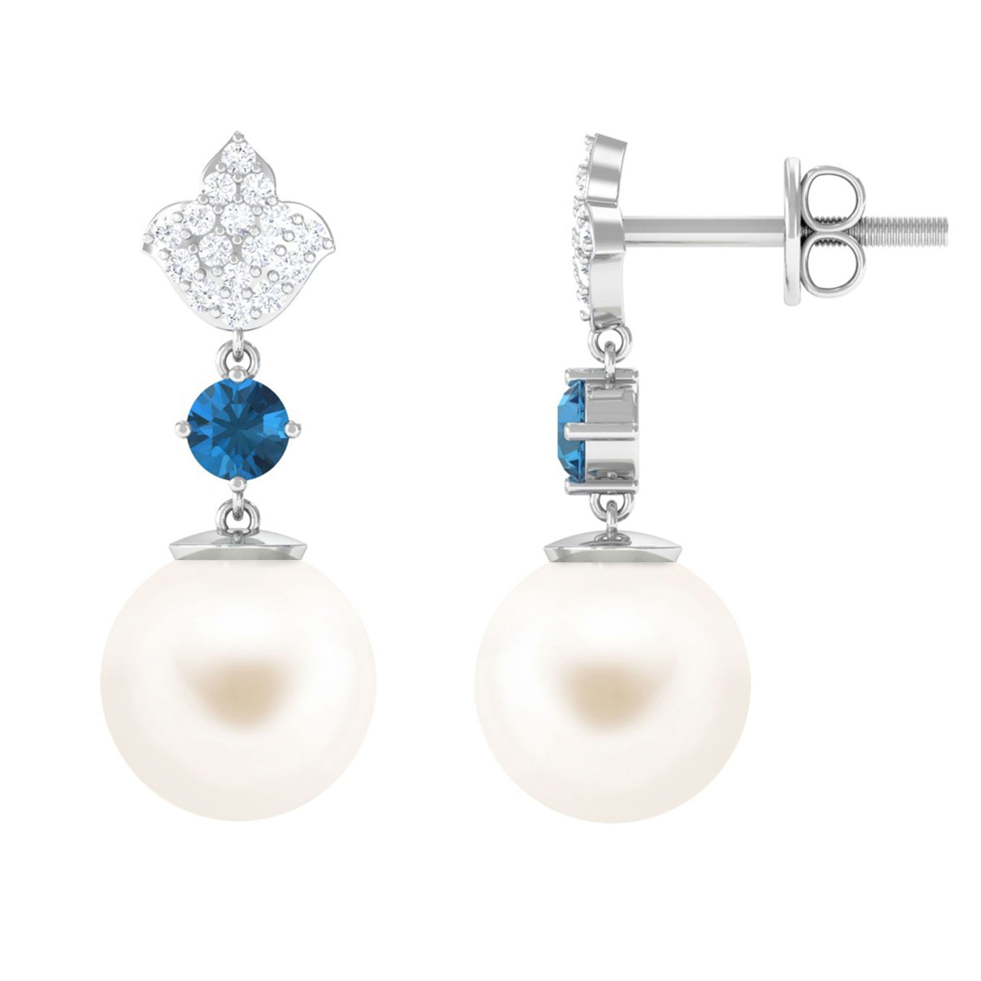 Arisha Jewels-White Pearl Drop Earrings with Blue Topaz and Diamond