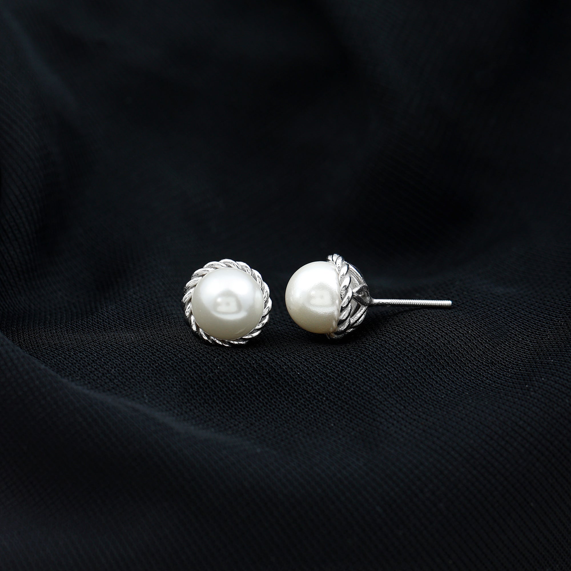 Twisted Rope Framed Pearl Solitaire Stud Earrings Freshwater Pearl - ( AAA ) - Quality 92.5 Sterling Silver - Arisha Jewels