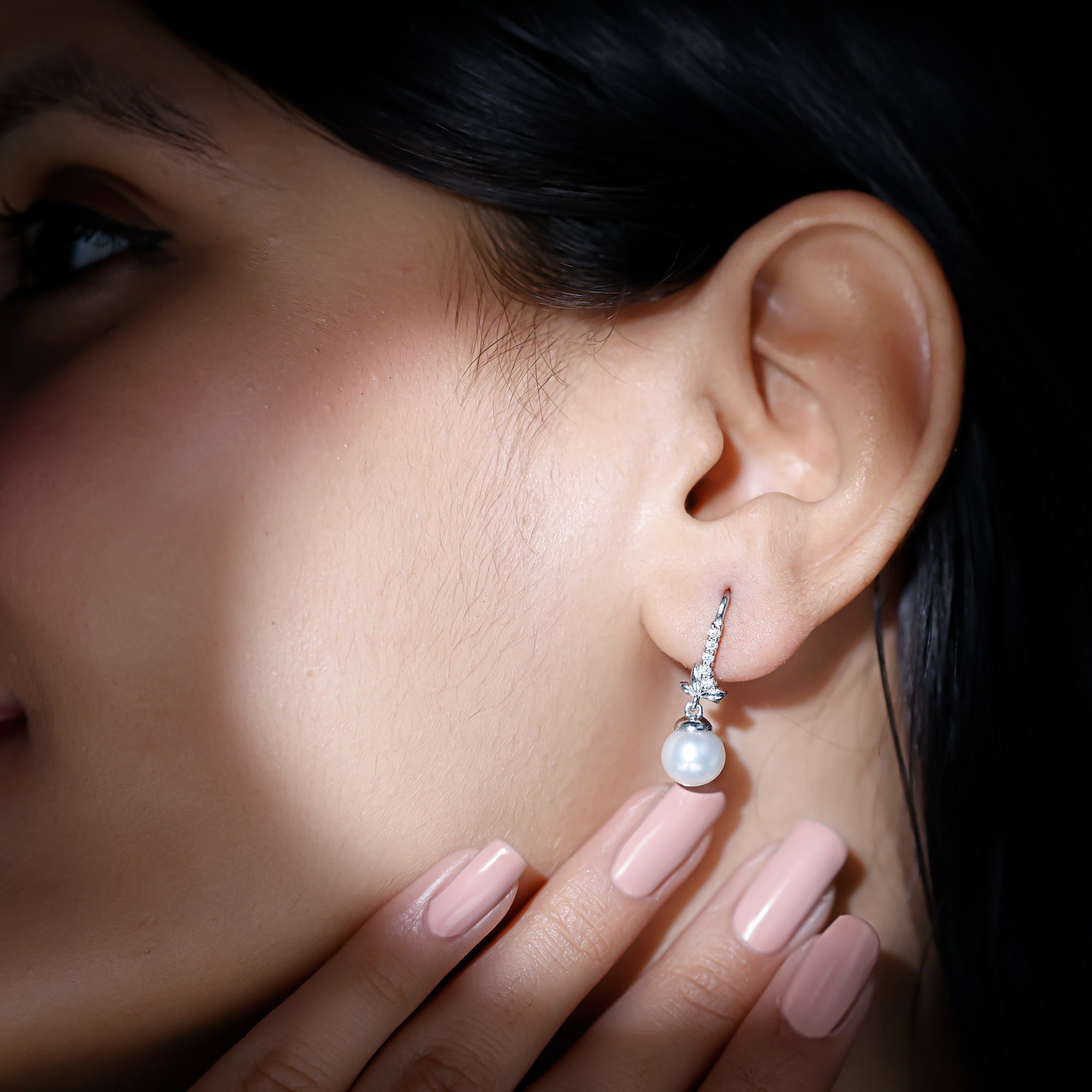 Freshwater Pearl Drop Earrings with Leaf Freshwater Pearl - ( AAA ) - Quality 92.5 Sterling Silver - Arisha Jewels