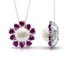 Arisha Jewels-Freshwater Pearl Floral Pendant with Heart Shaped Rhodolite Petals