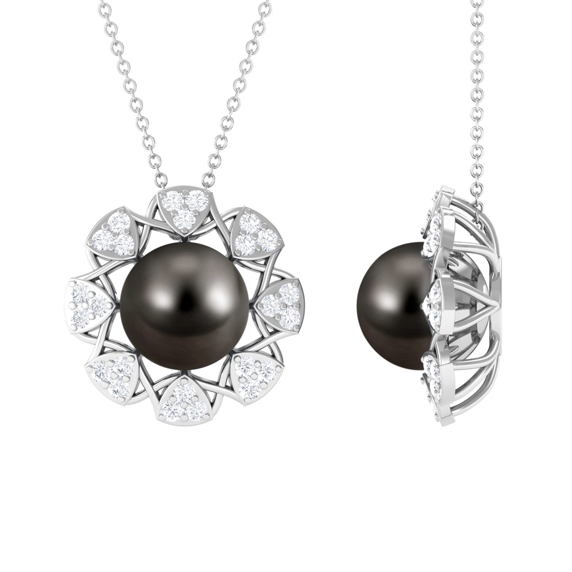 Arisha Jewels-Classic Black Tahitian Pearl Floral Pendant with Diamond