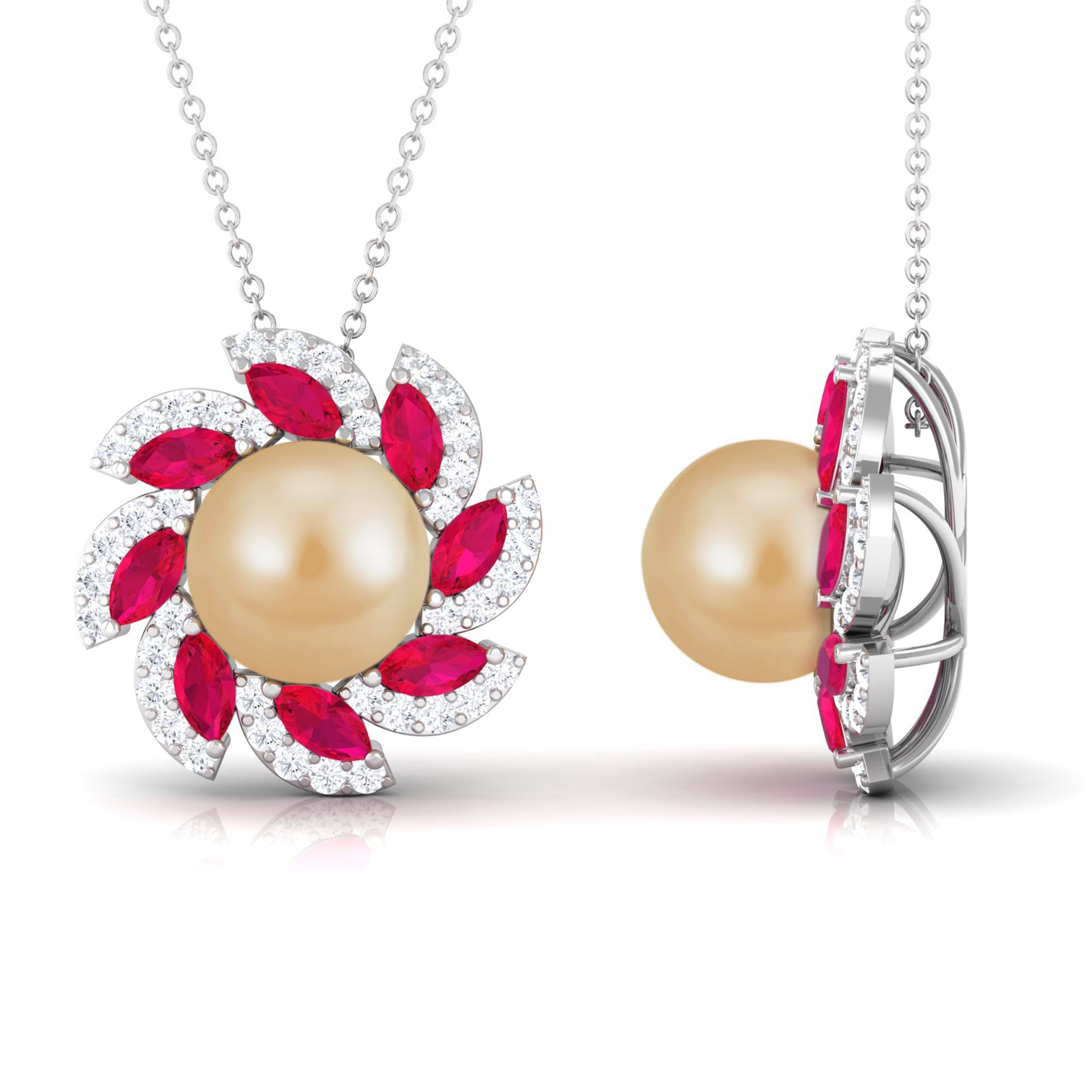 Arisha Jewels-Natural Certified South Sea Golden Pearl Pendant Necklace with Lab Grown Ruby in Moissanite