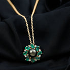 Arisha Jewels-Handpicked Black Tahitian Pearl Flower Pendant Necklace with Lab Grown Emerald and Moissanite