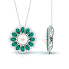 Arisha Jewels-Freshwater Pearl Flower Pendant Necklace with Emerald and Diamond