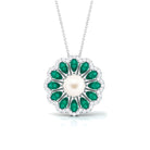 Arisha Jewels-Freshwater Pearl Flower Pendant Necklace with Emerald and Diamond