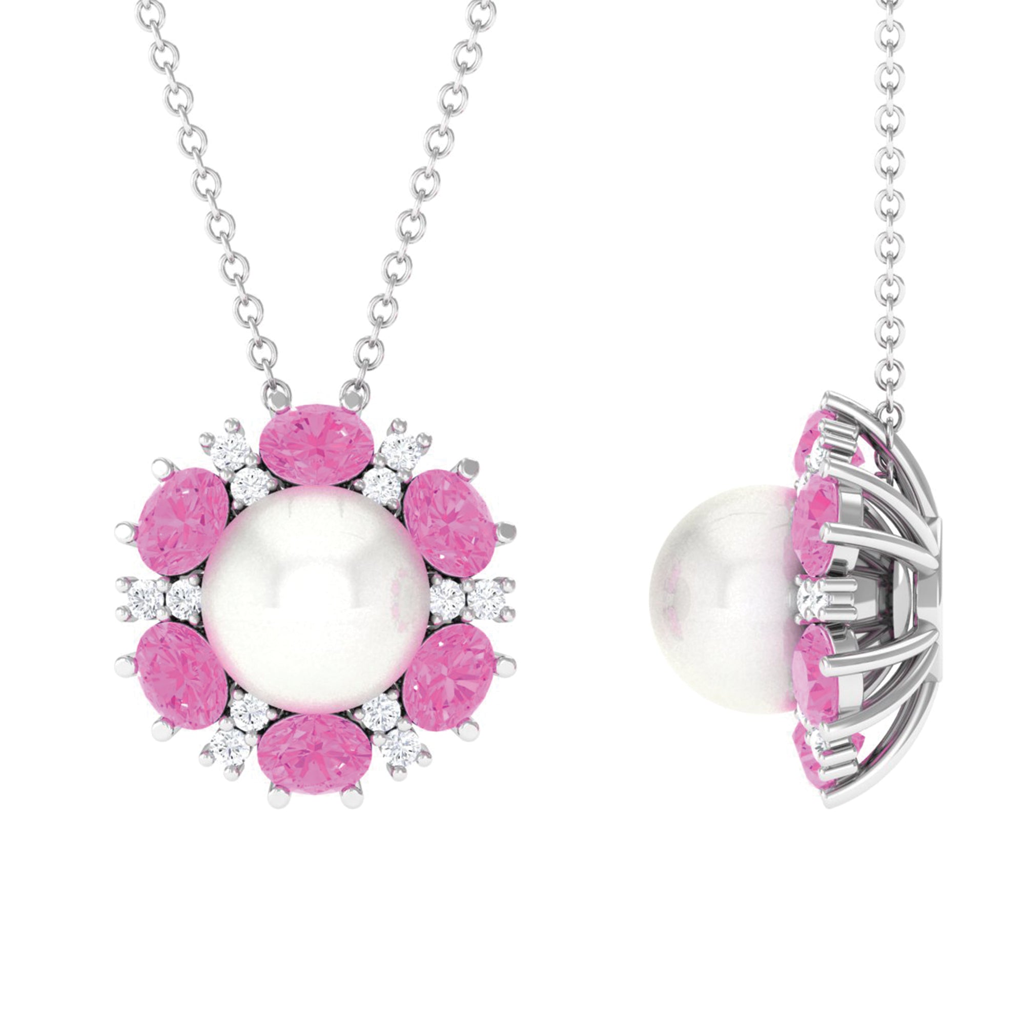 Arisha Jewels-Cultured Freshwater Pearl Flower Pendant Necklace with Lab Pink Sapphire and Moissanite