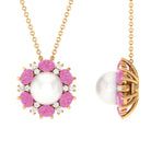 Arisha Jewels-Cultured Freshwater Pearl Flower Pendant Necklace with Lab Pink Sapphire and Moissanite