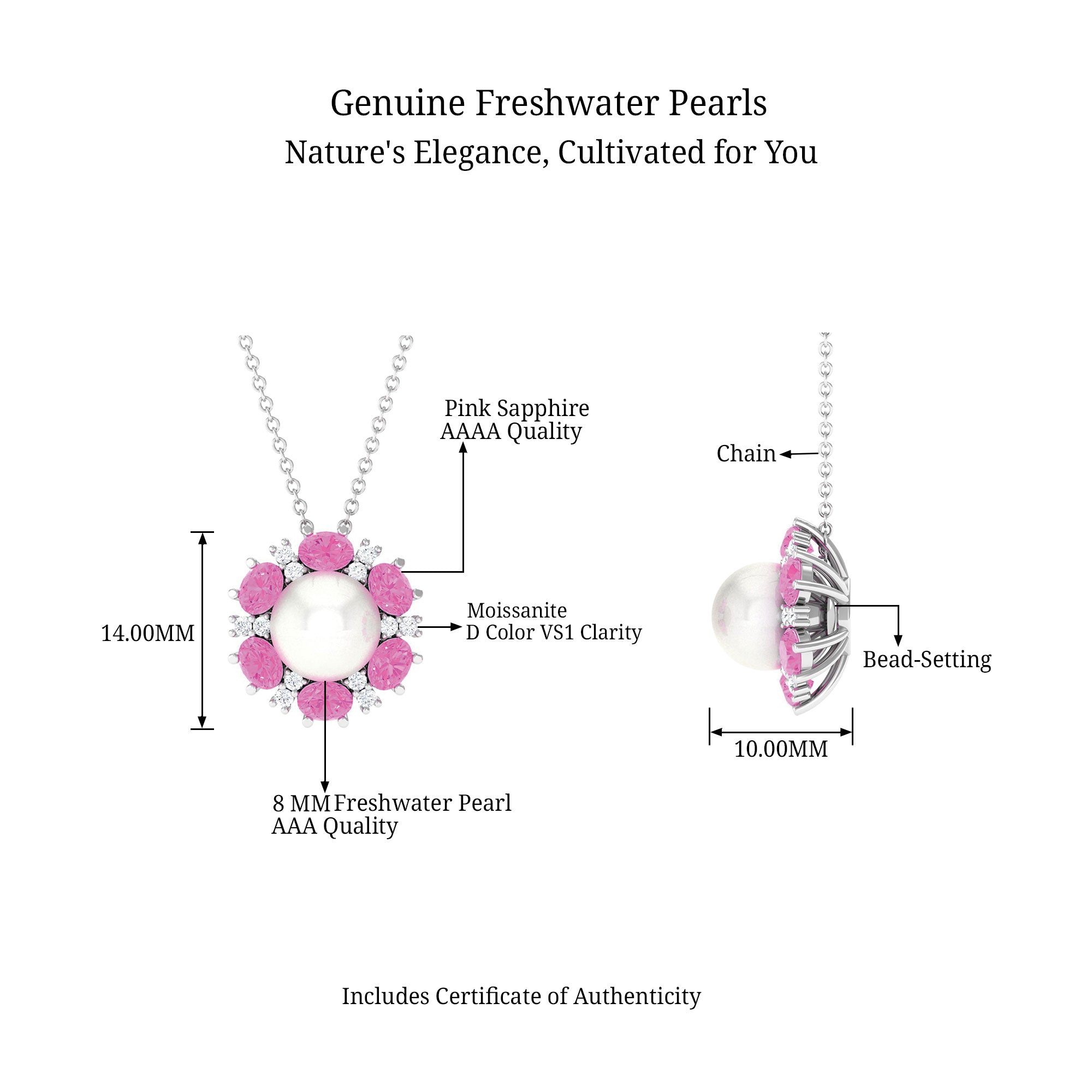 Arisha Jewels-Cultured Freshwater Pearl Flower Pendant Necklace with Lab Pink Sapphire and Moissanite