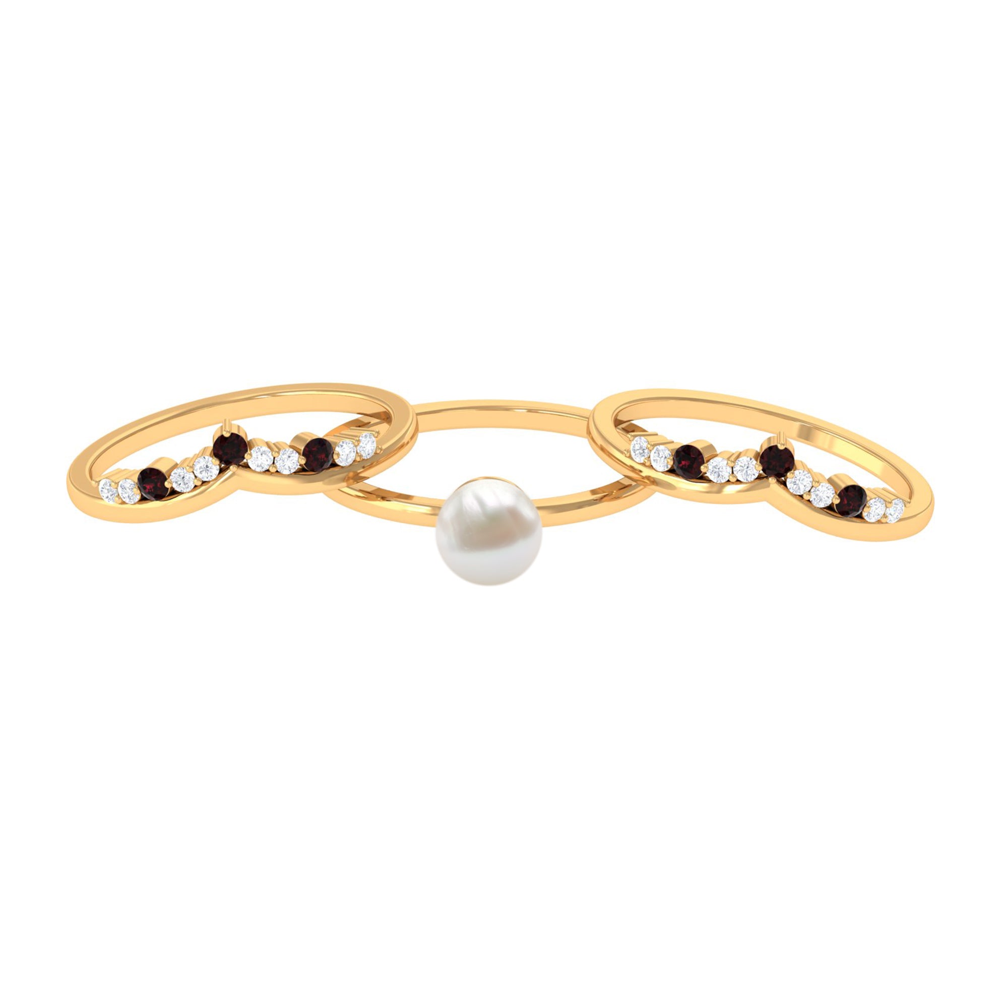 Arisha Jewels-White Pearl Trio Ring Set with Diamond and Garnet