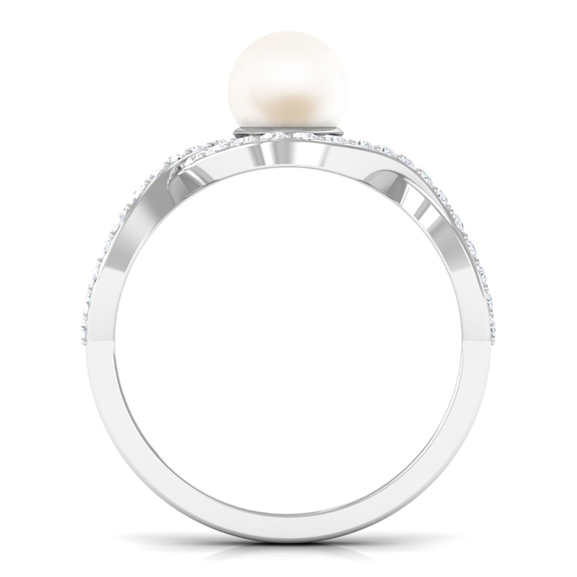 Arisha Jewels-White Pearl Crossover Engagement Ring with Diamond