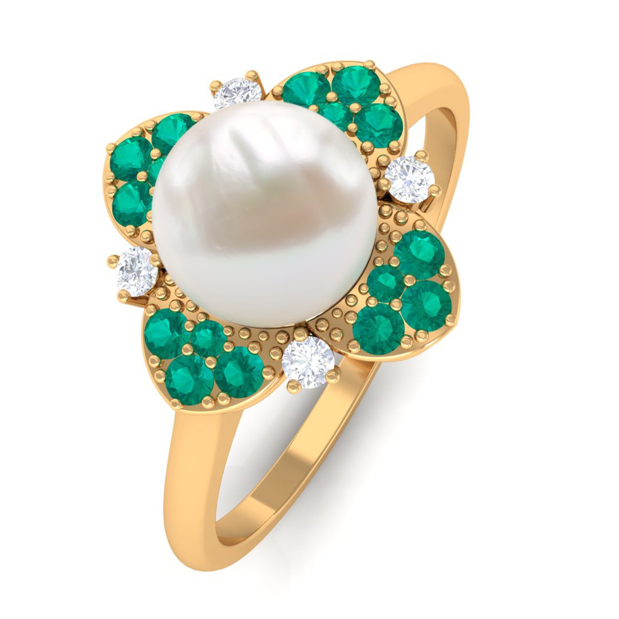 Arisha Jewels-Nature Inspired Freshwater Pearl Floral Ring with Emerald