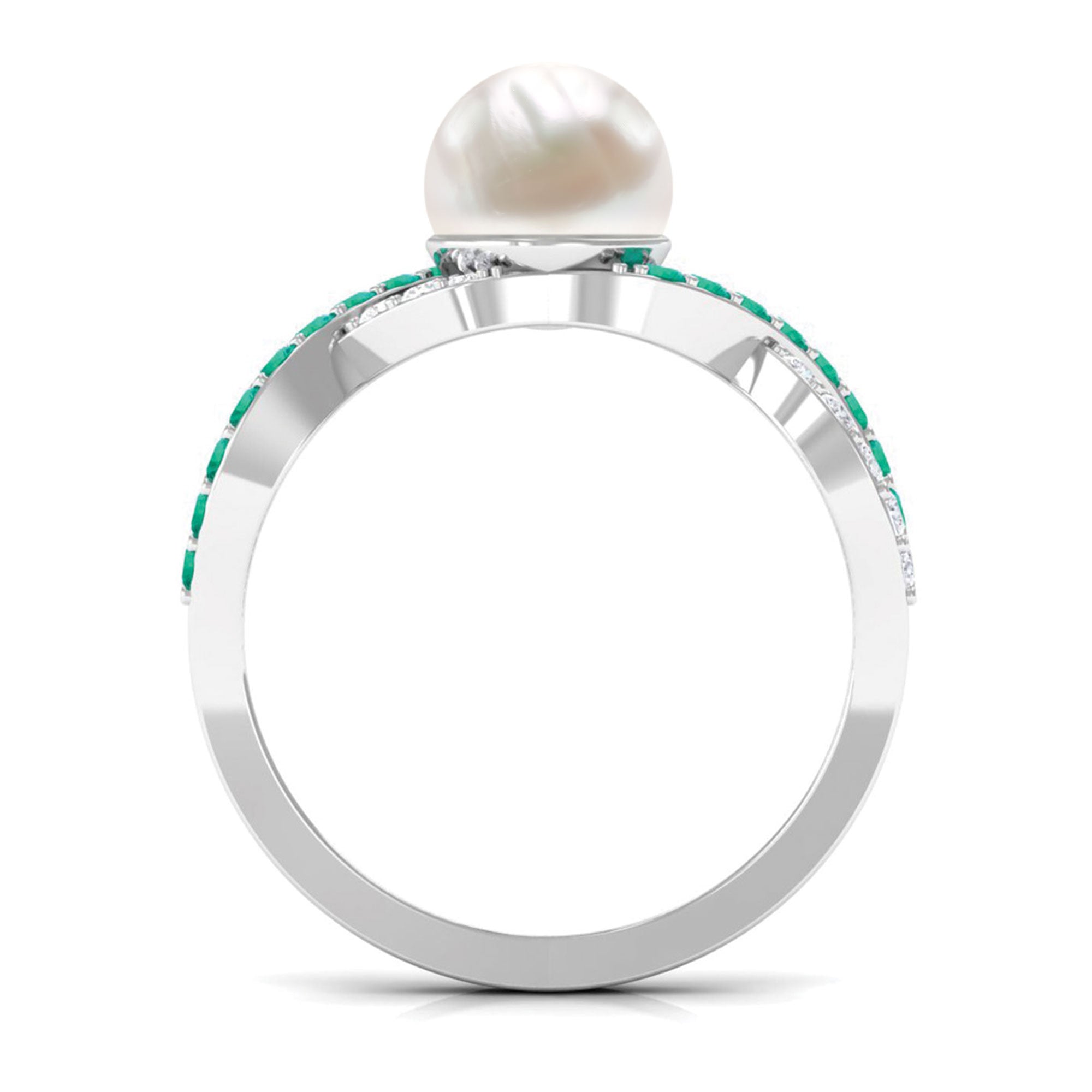 Solitaire Freshwater Pearl Infinity Ring with Emerald and Diamond Freshwater Pearl-AAAA Quality - Arisha Jewels