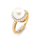 Arisha Jewels-White Freshwater Pearl Halo Engagement Ring with Diamond