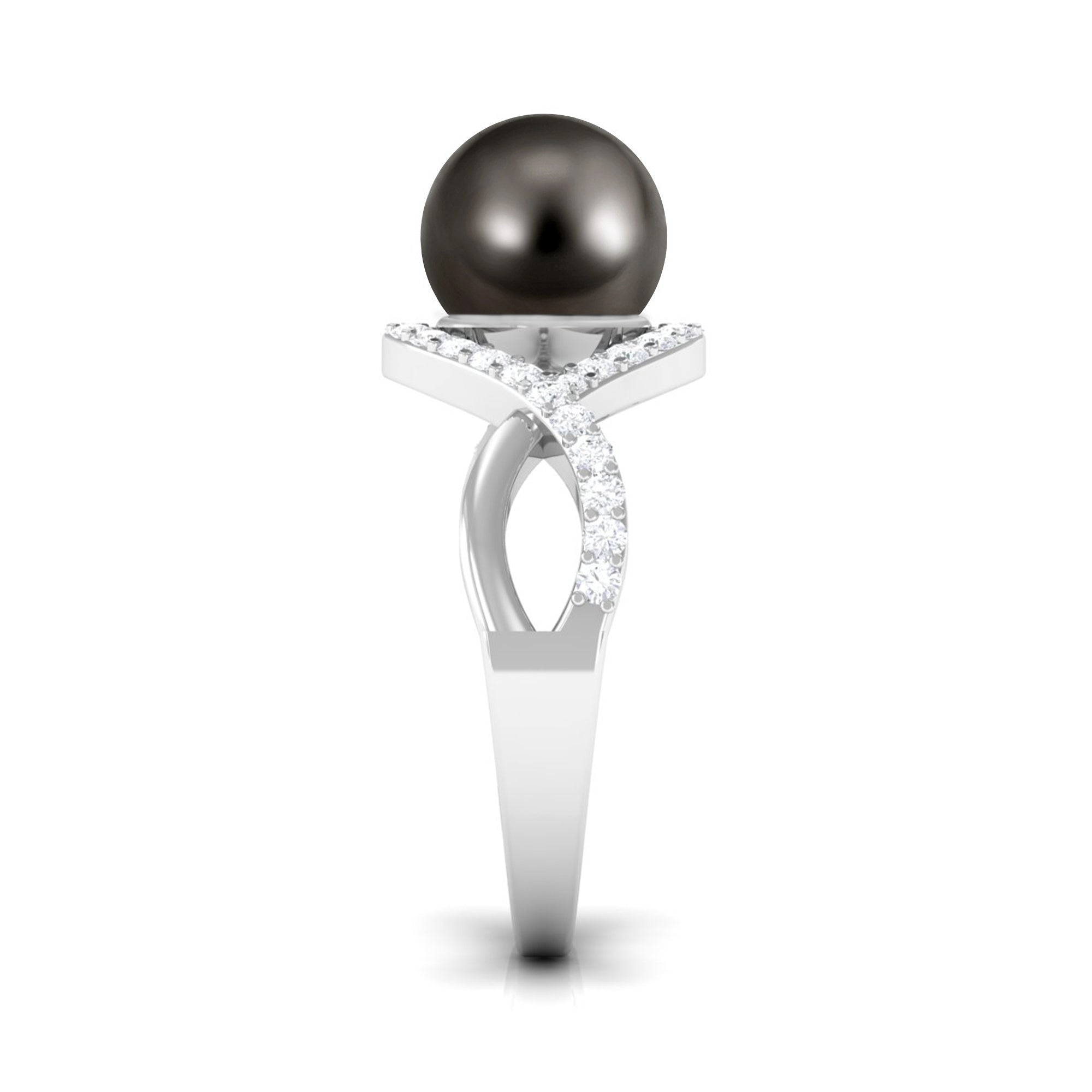 Arisha Jewels-Classic Tahitian Pearl Crossover Engagement Ring with Diamond