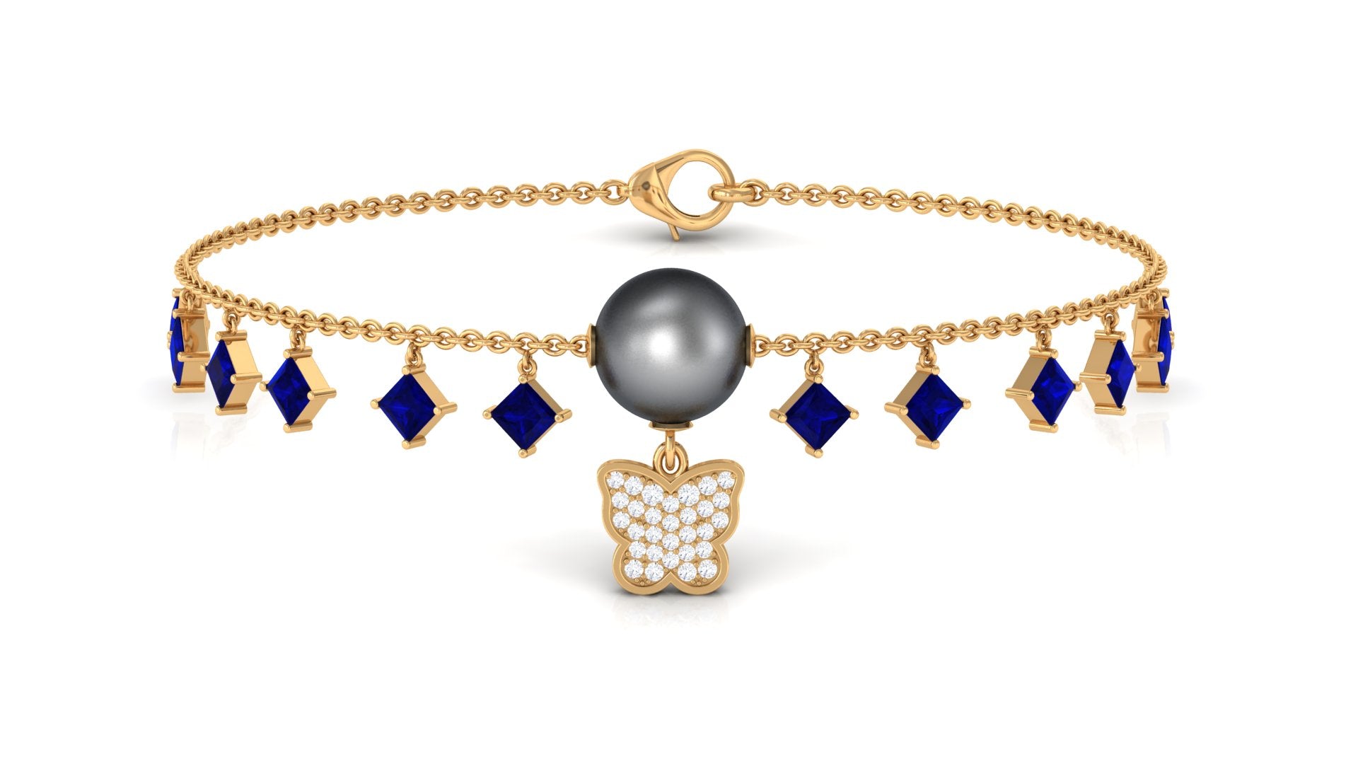 Tahitian Pearl Butterfly Charm Bracelet with Sapphire and Diamond Tahitian pearl-AAAA Quality - Arisha Jewels