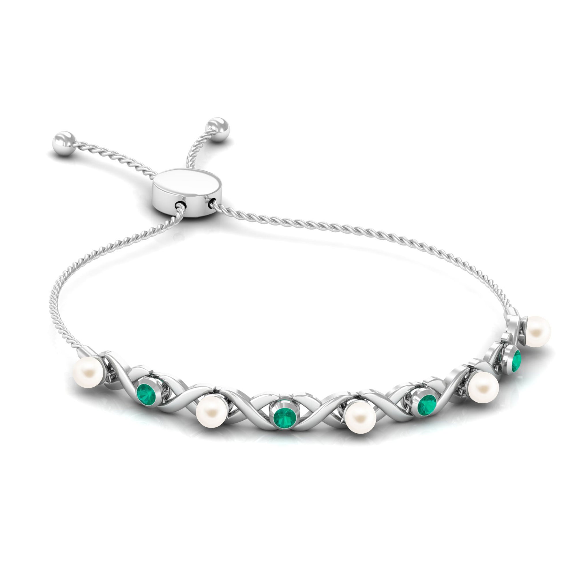 Cultured White Pearl Infinity Bolo Bracelet with Emerald Freshwater Pearl-AAAA Quality - Arisha Jewels