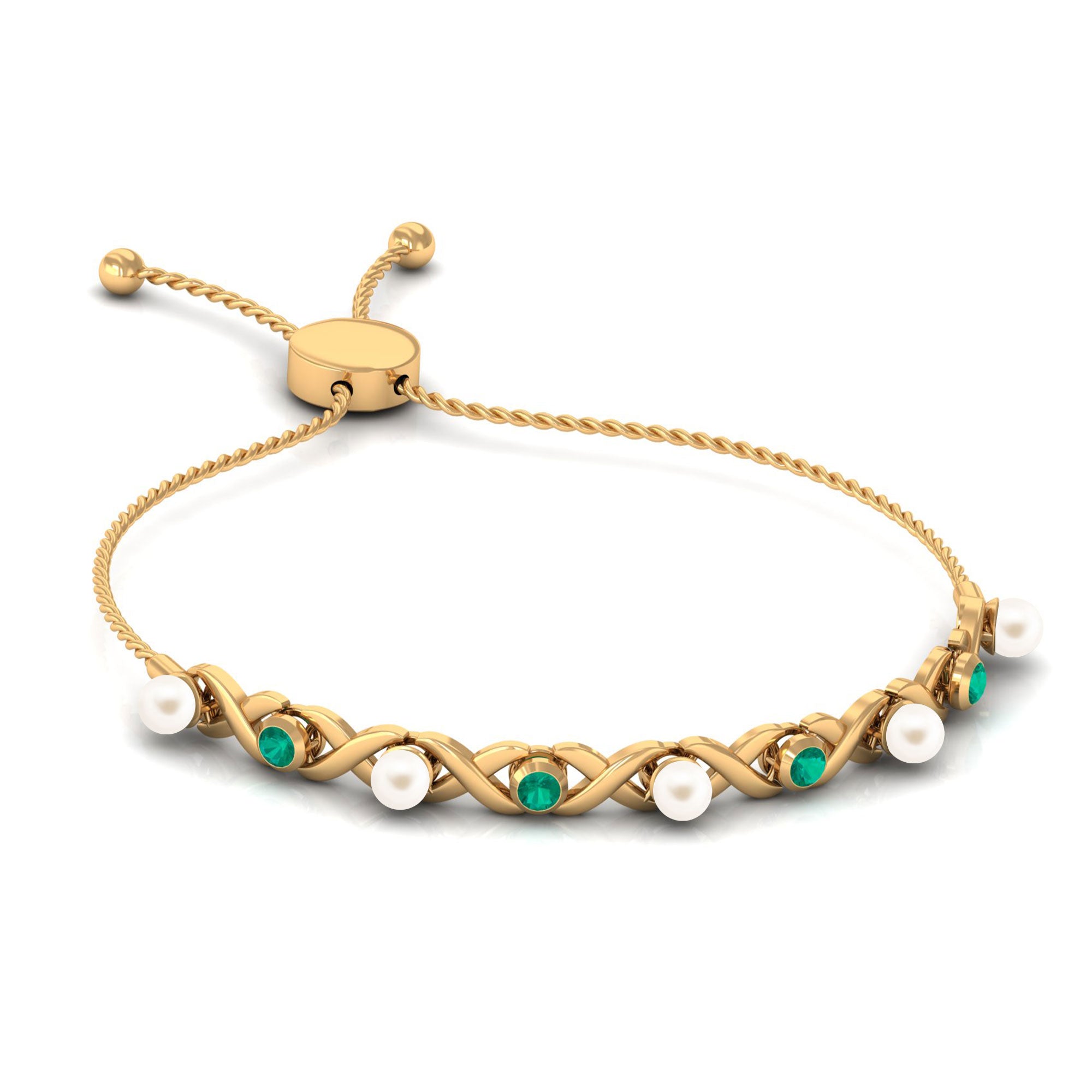 Cultured White Pearl Infinity Bolo Bracelet with Emerald Freshwater Pearl-AAAA Quality - Arisha Jewels