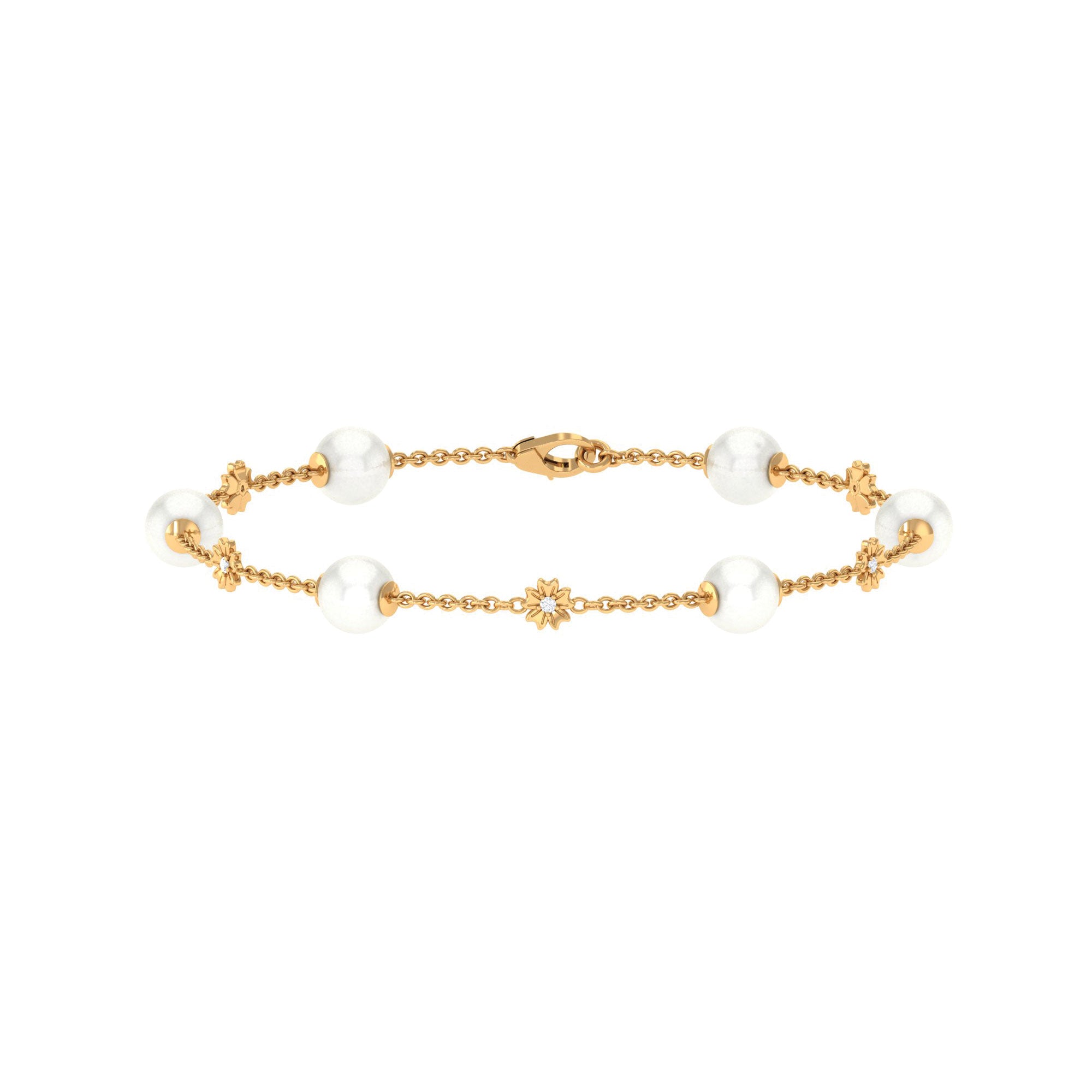 Real Freshwater Pearl Station Chain Bracelet with Diamond Freshwater Pearl-AAAA Quality - Arisha Jewels