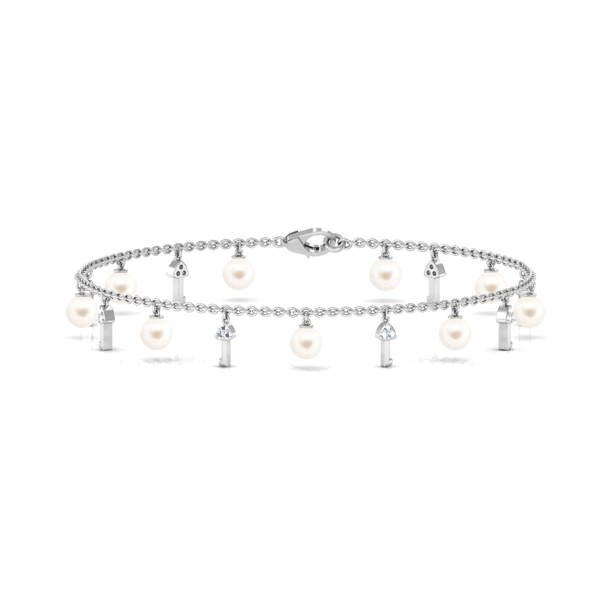 White Freshwater Pearl Bracelet with Diamond Key Charms Freshwater Pearl-AAAA Quality - Arisha Jewels