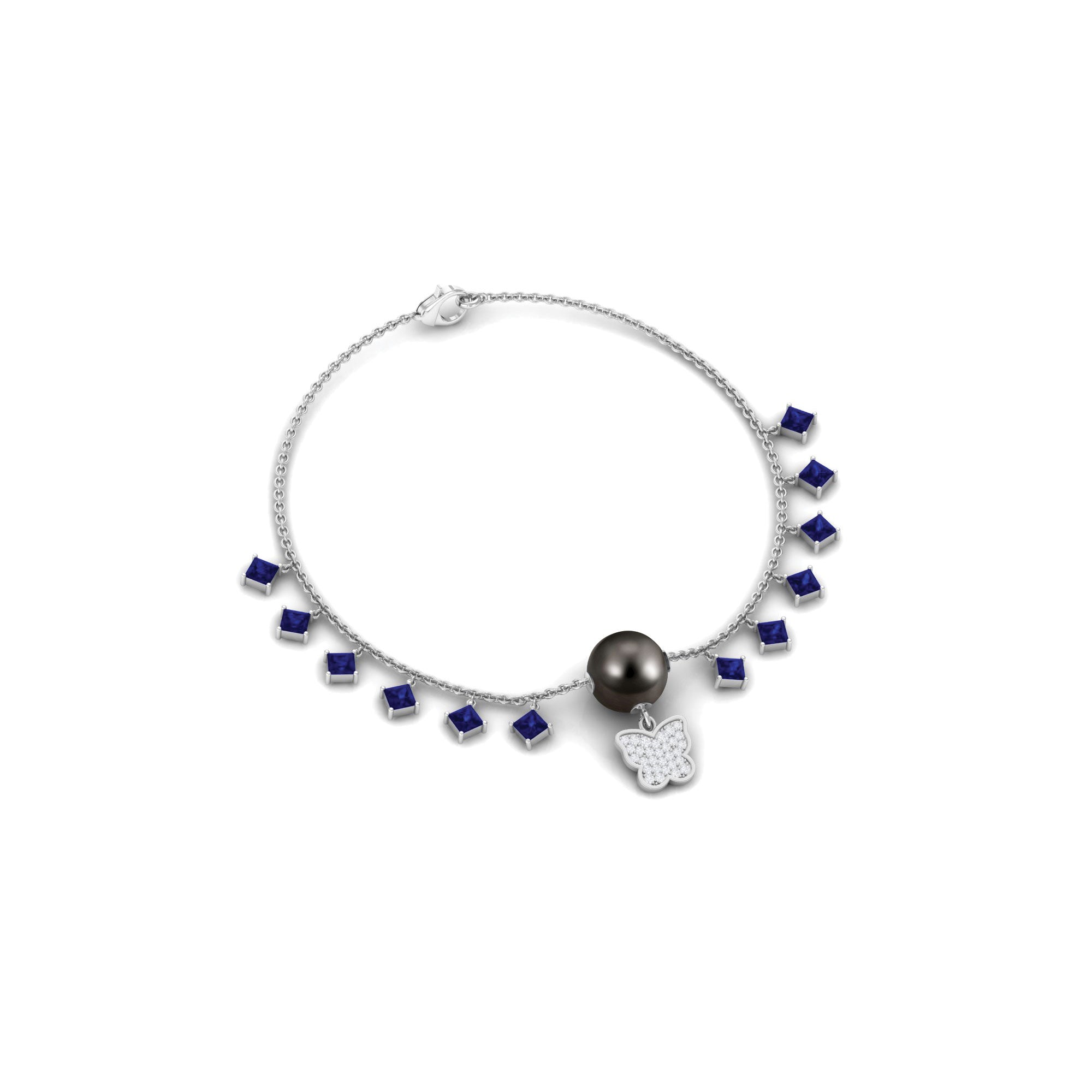 Tahitian Pearl Butterfly Charm Bracelet with Sapphire and Diamond Tahitian pearl-AAA Quality - Arisha Jewels