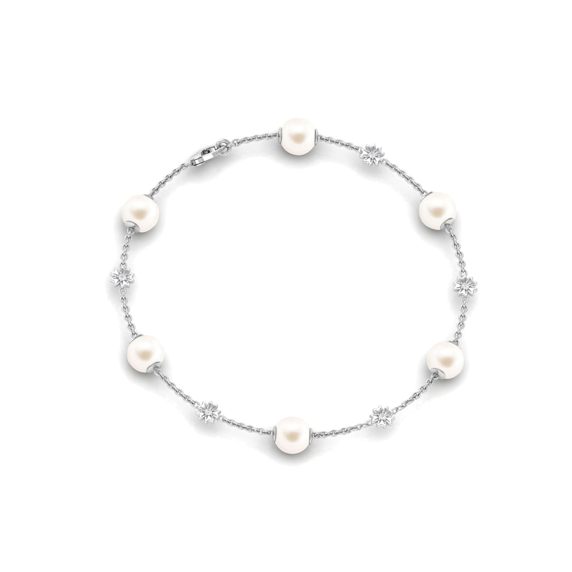 Real Freshwater Pearl Station Chain Bracelet with Diamond Freshwater Pearl-AAA Quality - Arisha Jewels