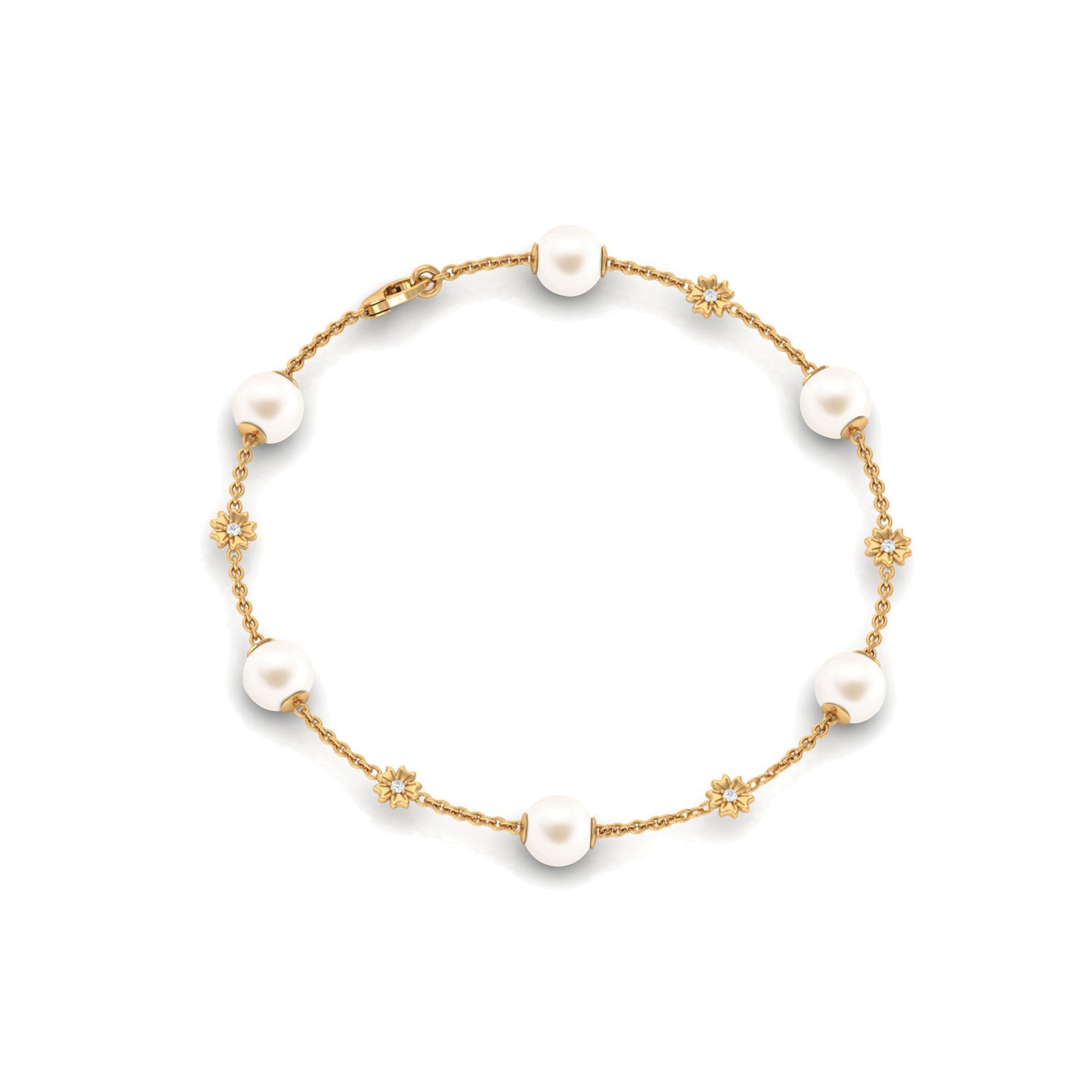 Real Freshwater Pearl Station Chain Bracelet with Diamond Freshwater Pearl-AAA Quality - Arisha Jewels