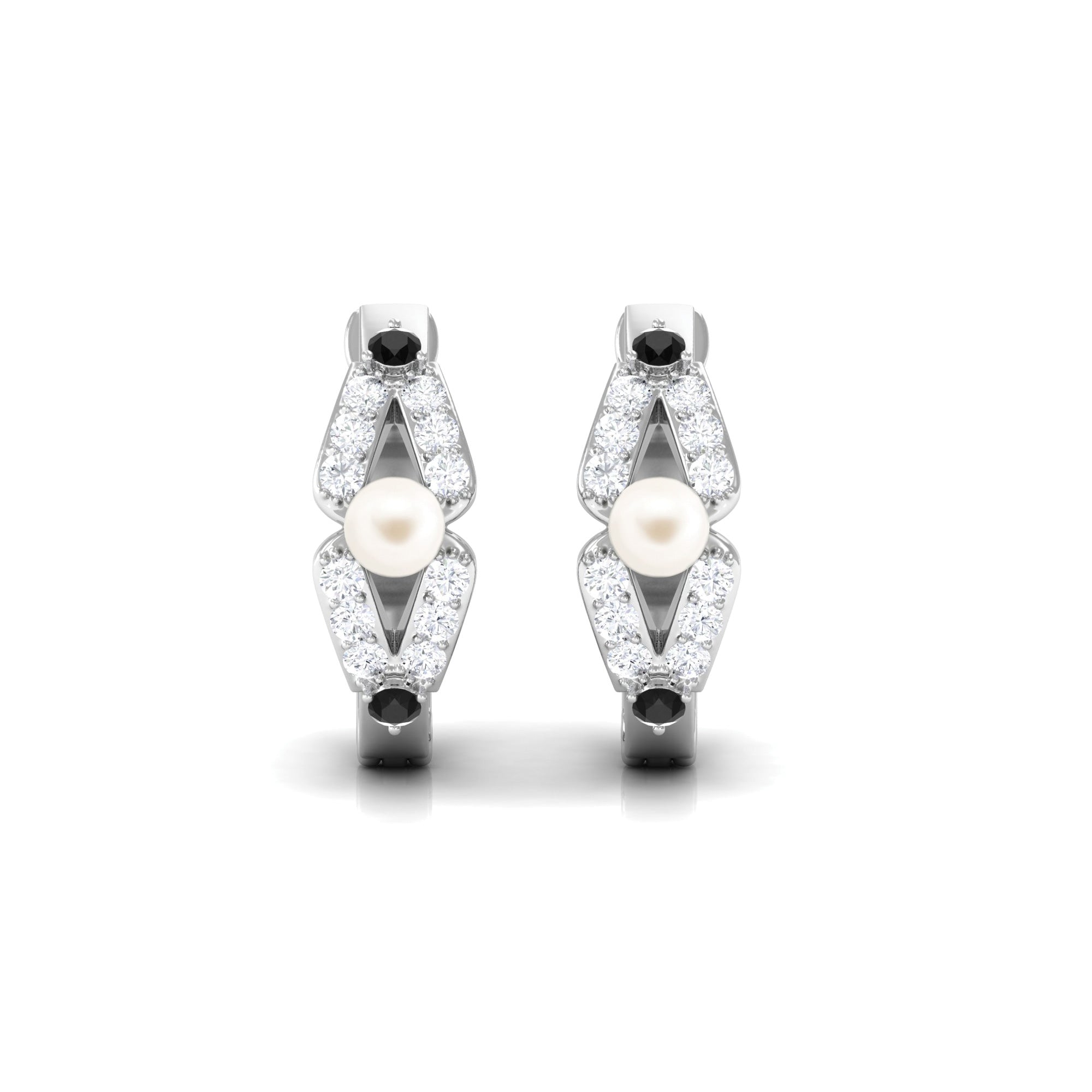 Classic White Pearl Hoop Earrings with Black and White Diamond Freshwater Pearl-AAAA Quality - Arisha Jewels