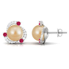 Round South Sea Pearl Swirl Stud Earrings with Ruby and Diamond South Sea Pearl-AAA Quality - Arisha Jewels