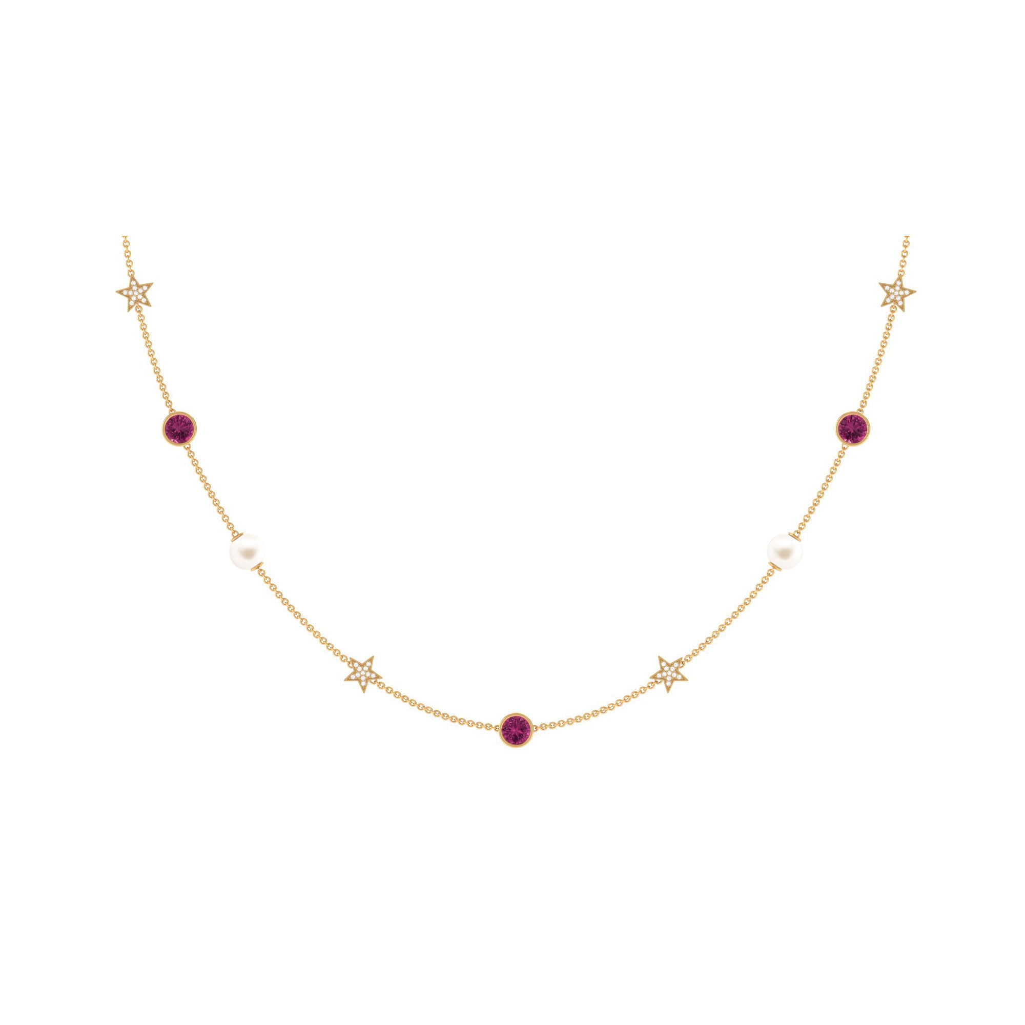 Freshwater Pearl Station Chain Necklace with Tourmaline and Diamond Freshwater Pearl-AAAA Quality - Arisha Jewels