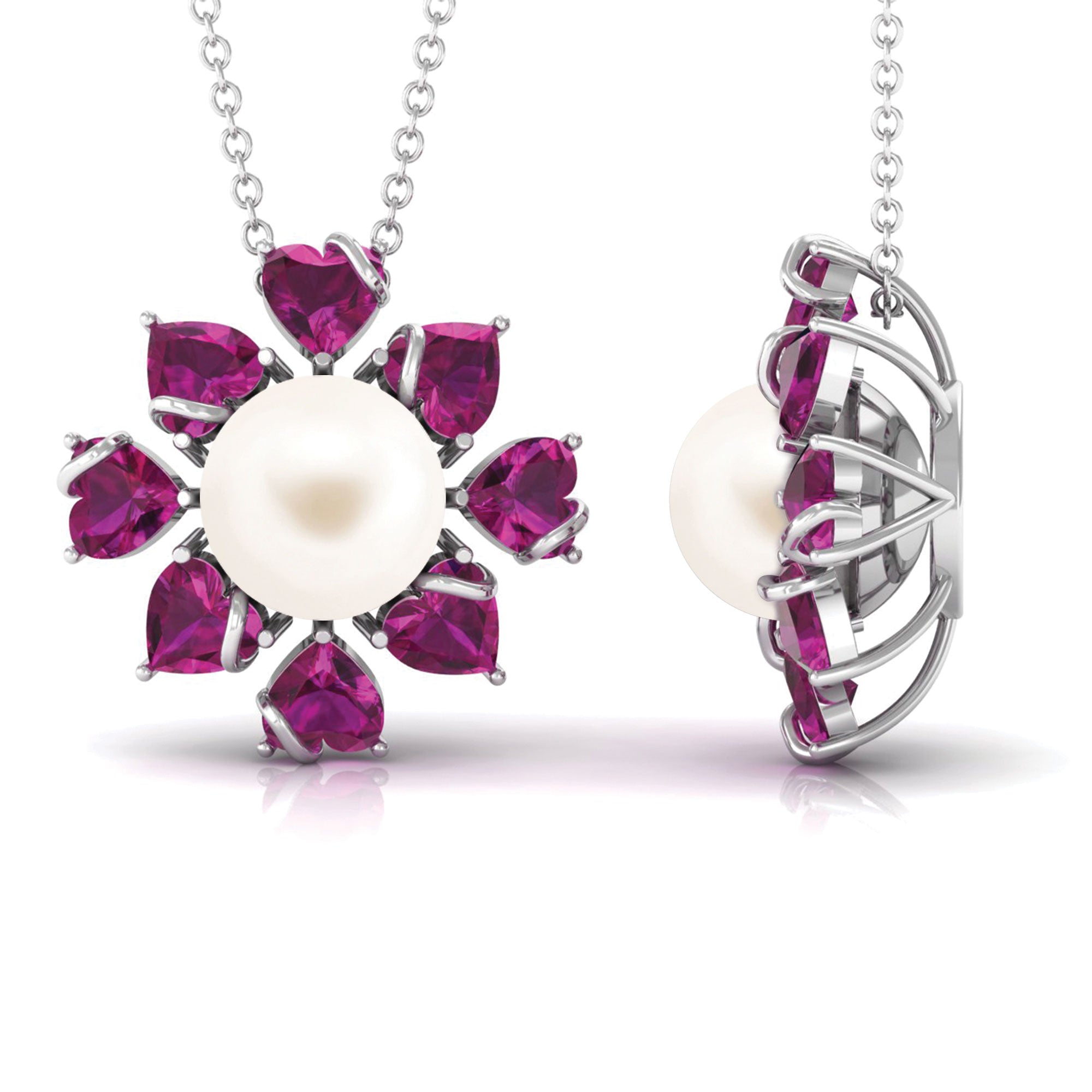 Arisha Jewels-Freshwater Pearl Floral Pendant with Heart Shaped Rhodolite Petals