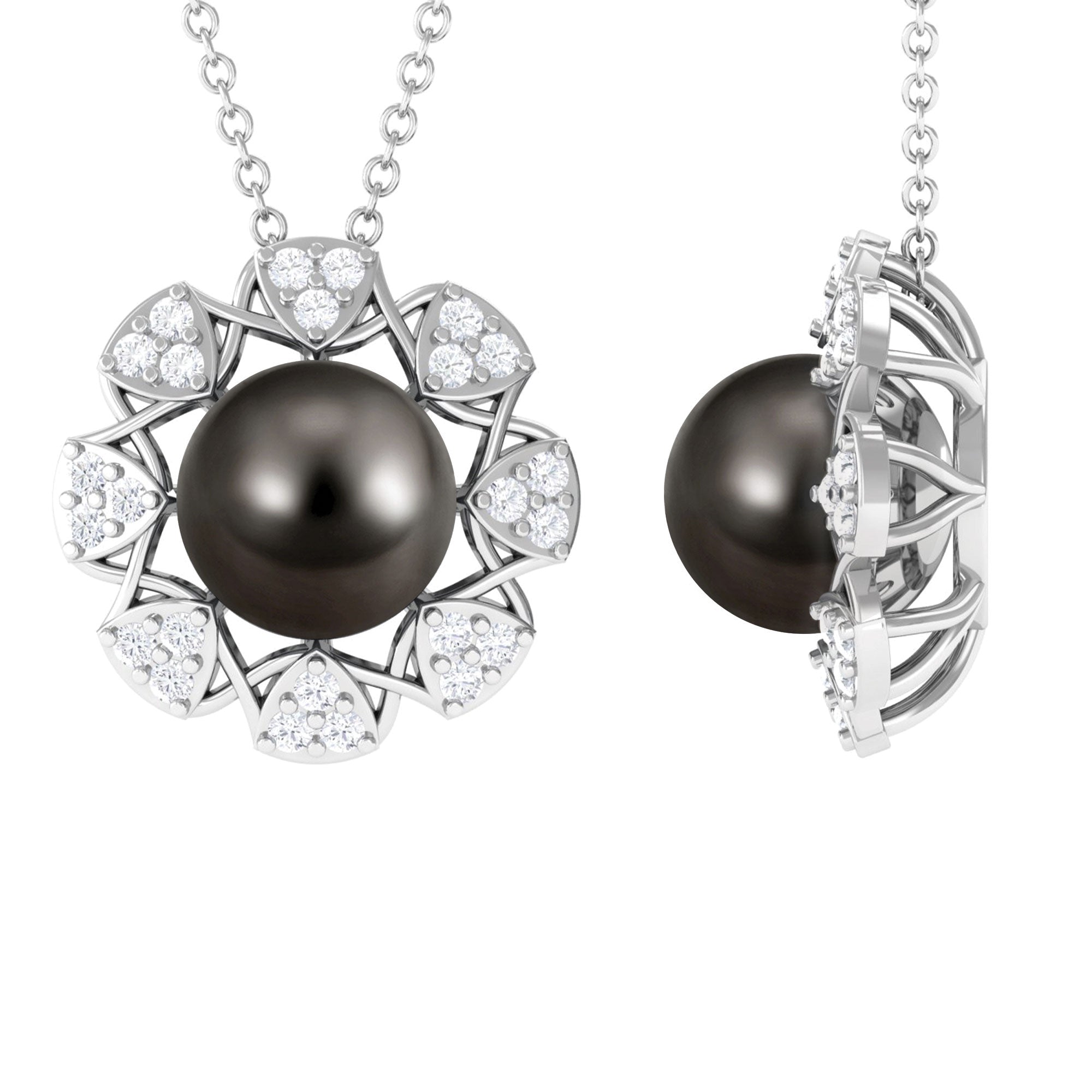 Arisha Jewels-Classic Black Tahitian Pearl Floral Pendant with Diamond