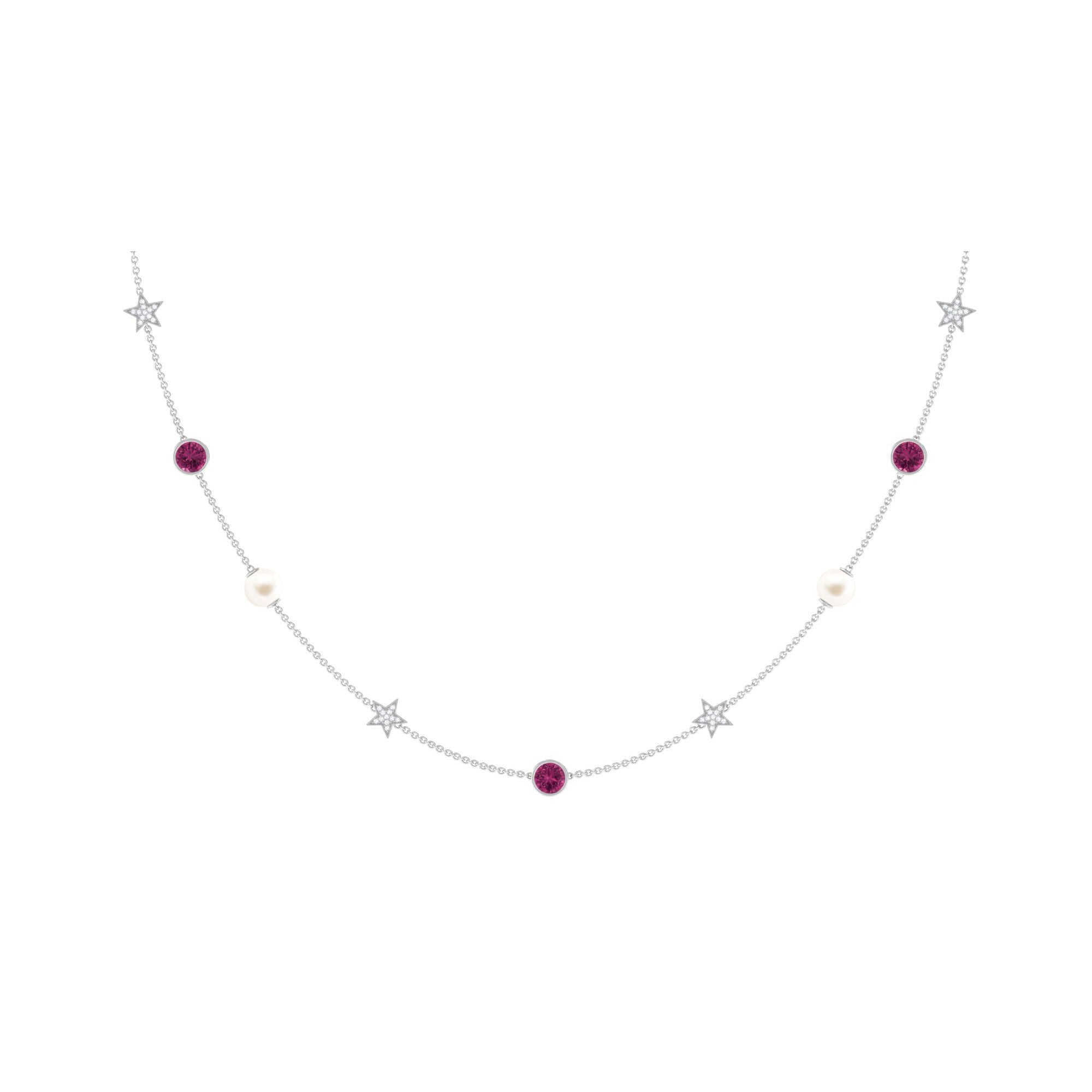 Freshwater Pearl Station Chain Necklace with Tourmaline and Diamond Freshwater Pearl-AAA Quality - Arisha Jewels