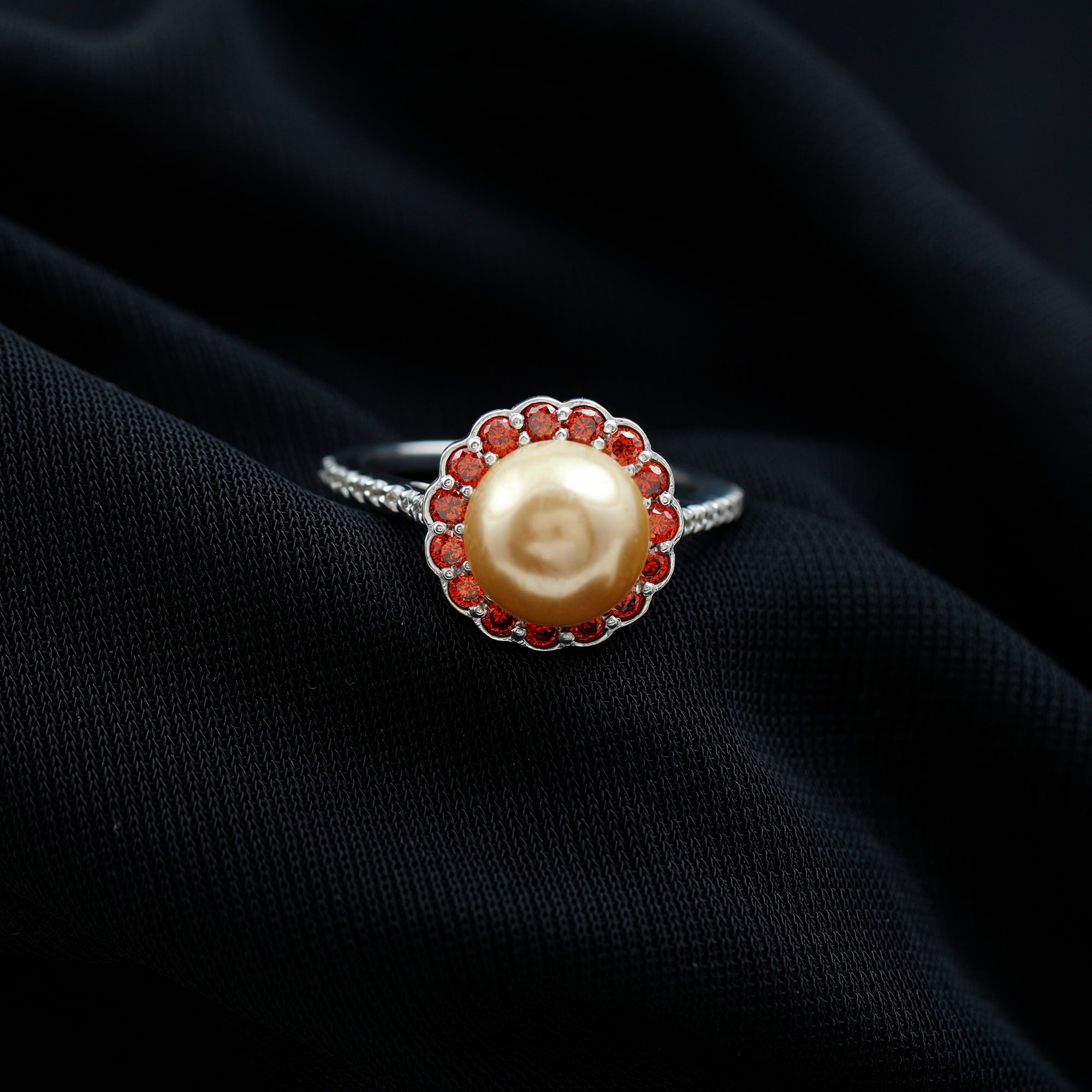 South Sea Pearl Halo Engagement Ring with Garnet and Diamond South Sea Pearl-AAAA Quality - Arisha Jewels