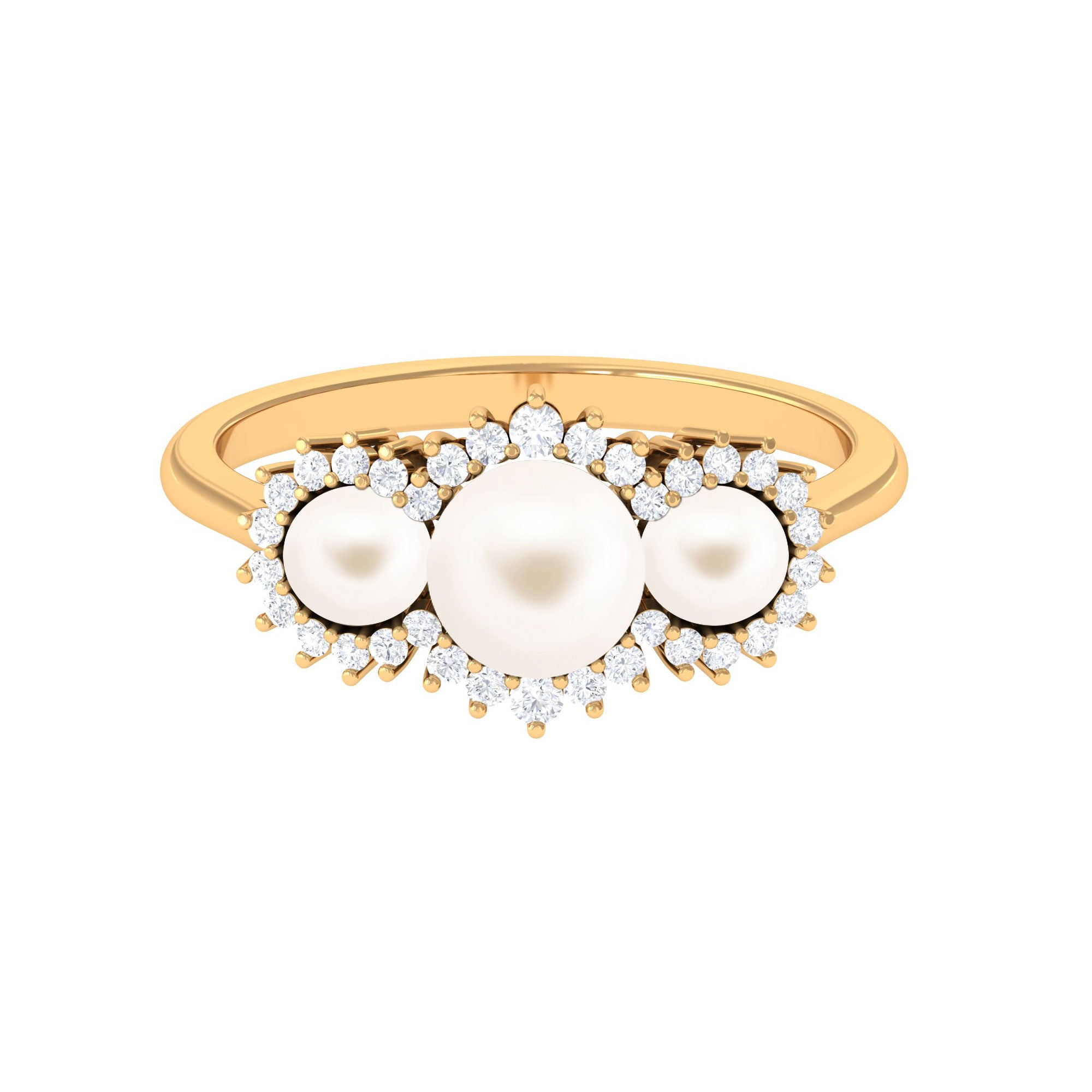 Classic Freshwater Pearl 3 Stone Engagement Ring with Diamond Freshwater Pearl-AAAA Quality - Arisha Jewels