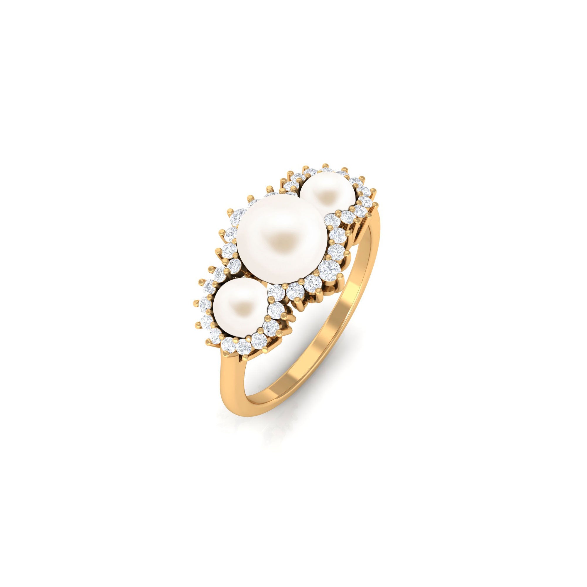 Classic Freshwater Pearl 3 Stone Engagement Ring with Diamond Freshwater Pearl-AAAA Quality - Arisha Jewels