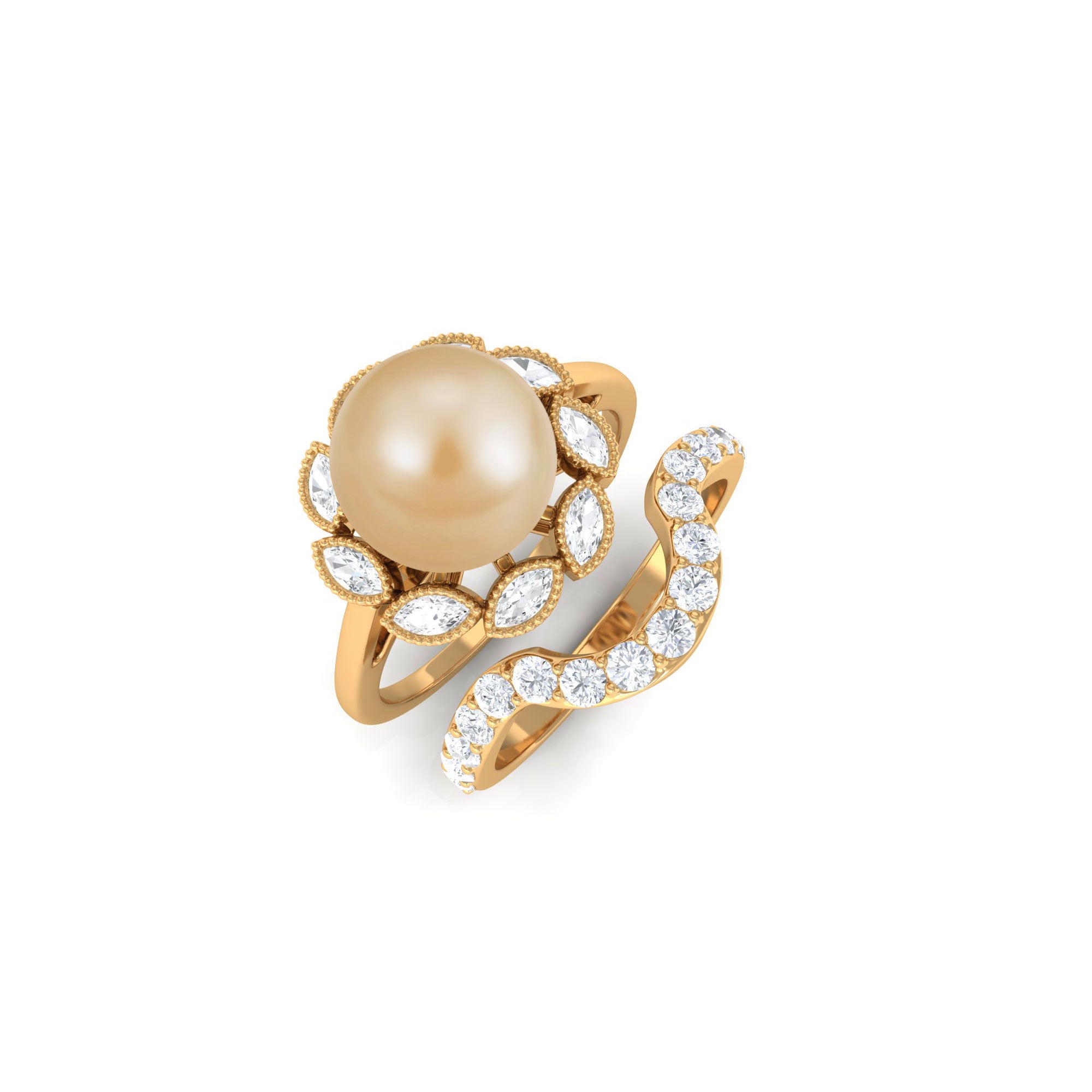 Golden Pearl Floral Bridal Ring Set with Diamond South Sea Pearl-AAAA Quality - Arisha Jewels