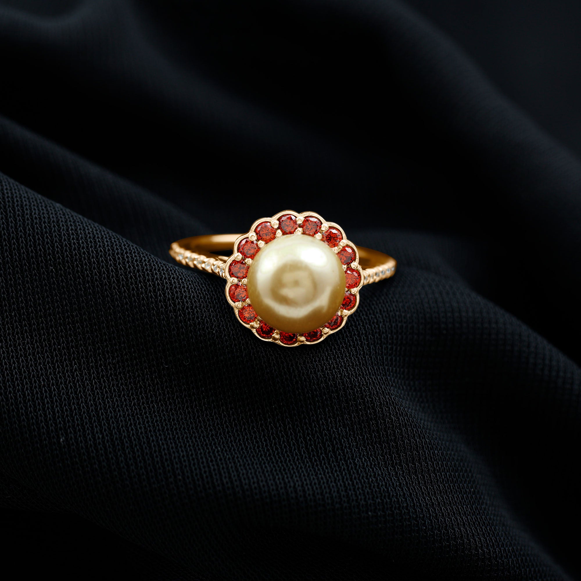 South Sea Pearl Halo Engagement Ring with Garnet and Diamond South Sea Pearl-AAA Quality - Arisha Jewels