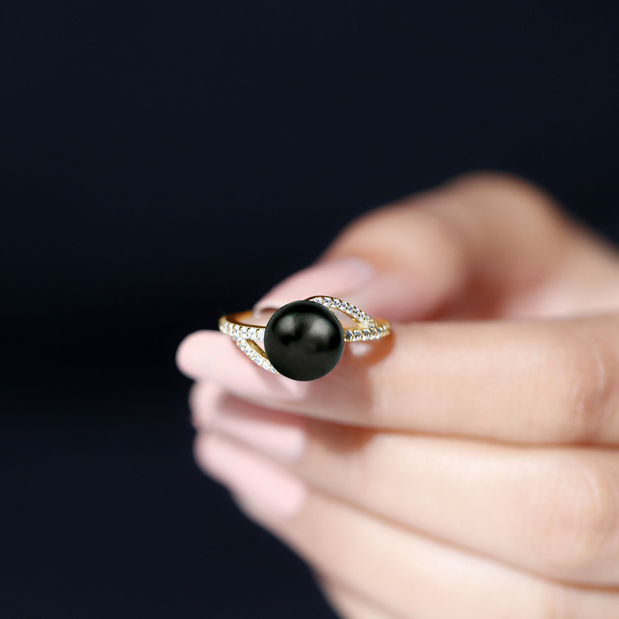 Elegant Black Pearl Solitaire Ring with Diamond Side Stones Tahitian pearl-AAA Quality - Arisha Jewels