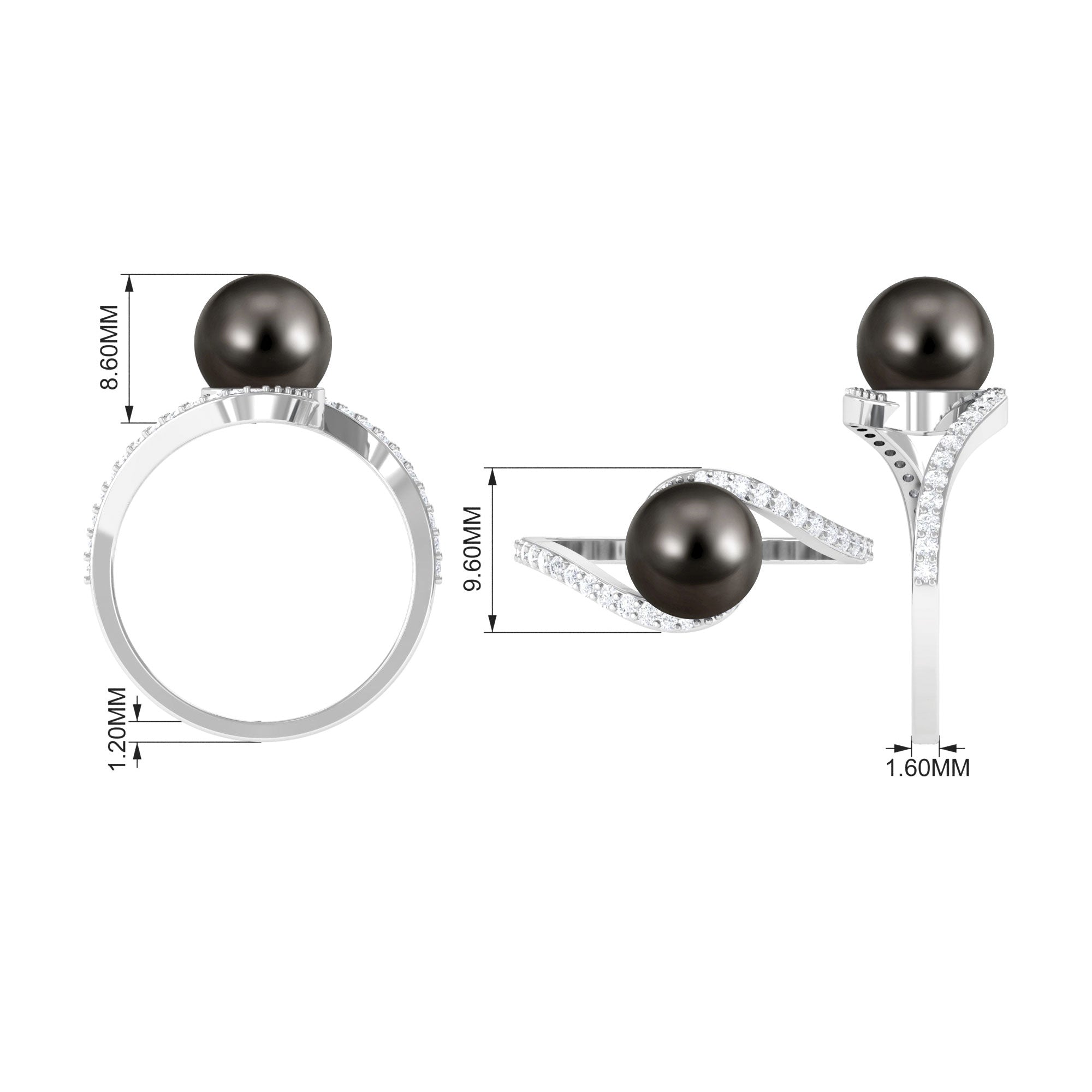 Black Pearl Solitaire Bypass Ring with Diamond Tahitian pearl-AAA Quality - Arisha Jewels